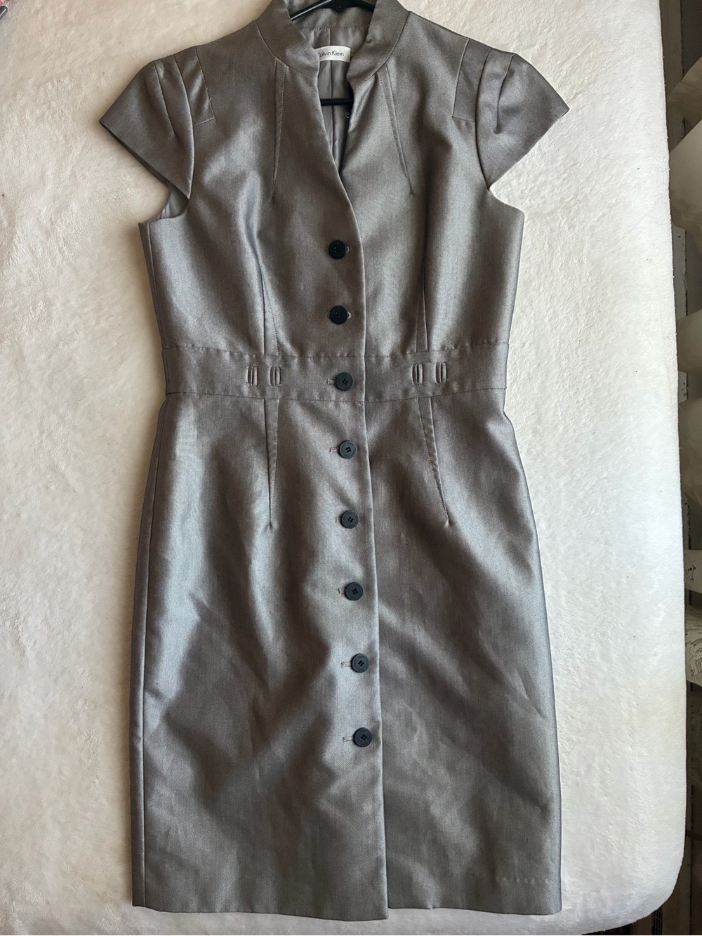 Calvin Klein Silver Midi Sheath Dress with Button Front